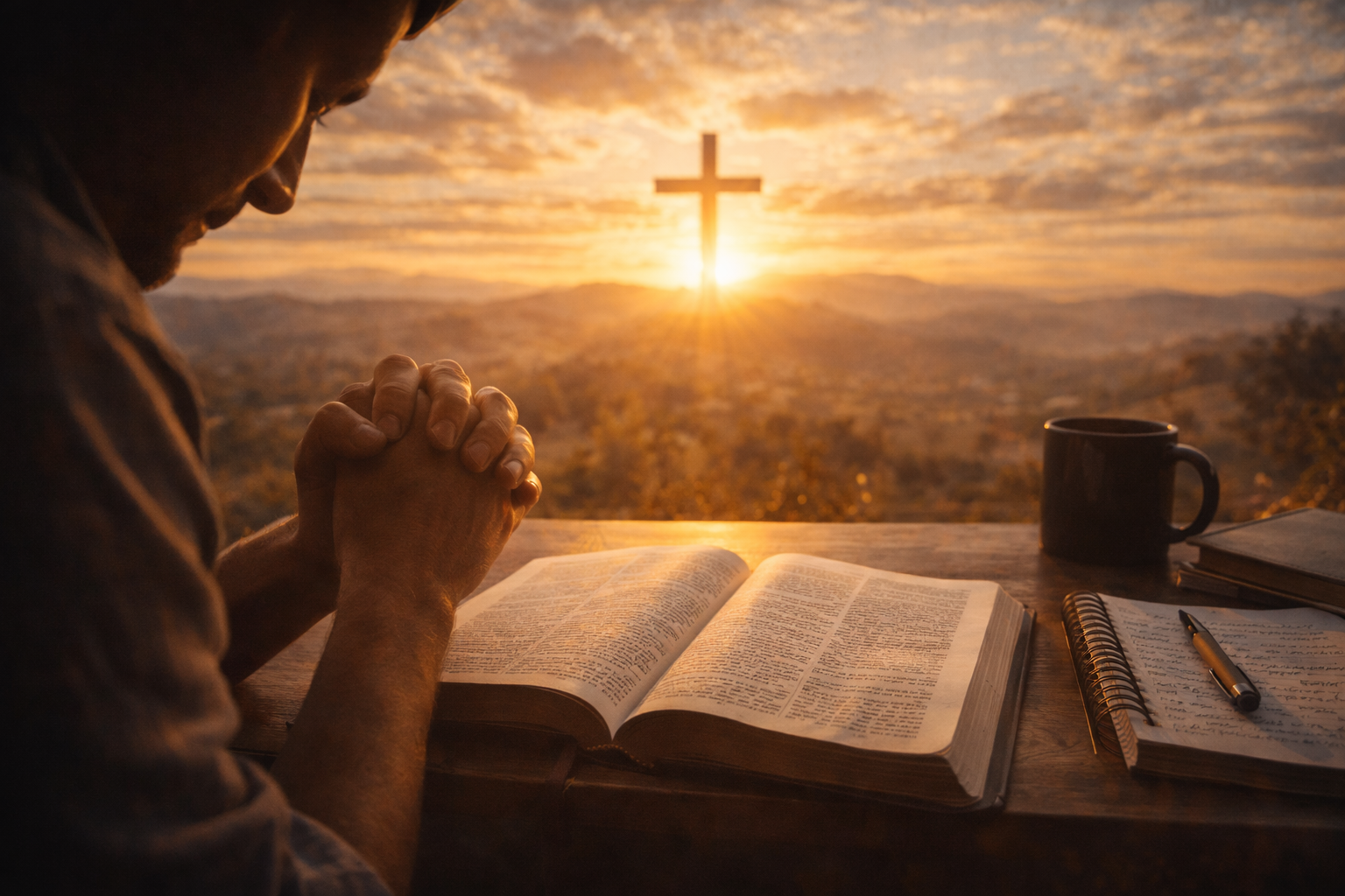 Prayer at sunset with Bible and cross