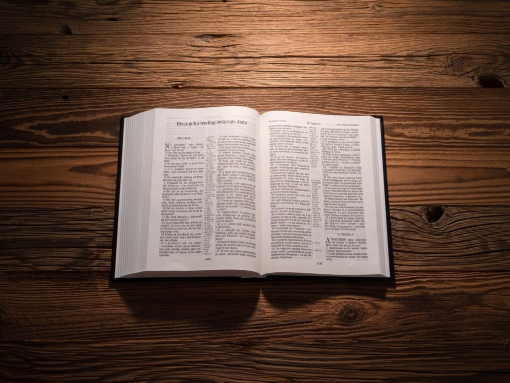 A Bible open on a table encourages reflection and study