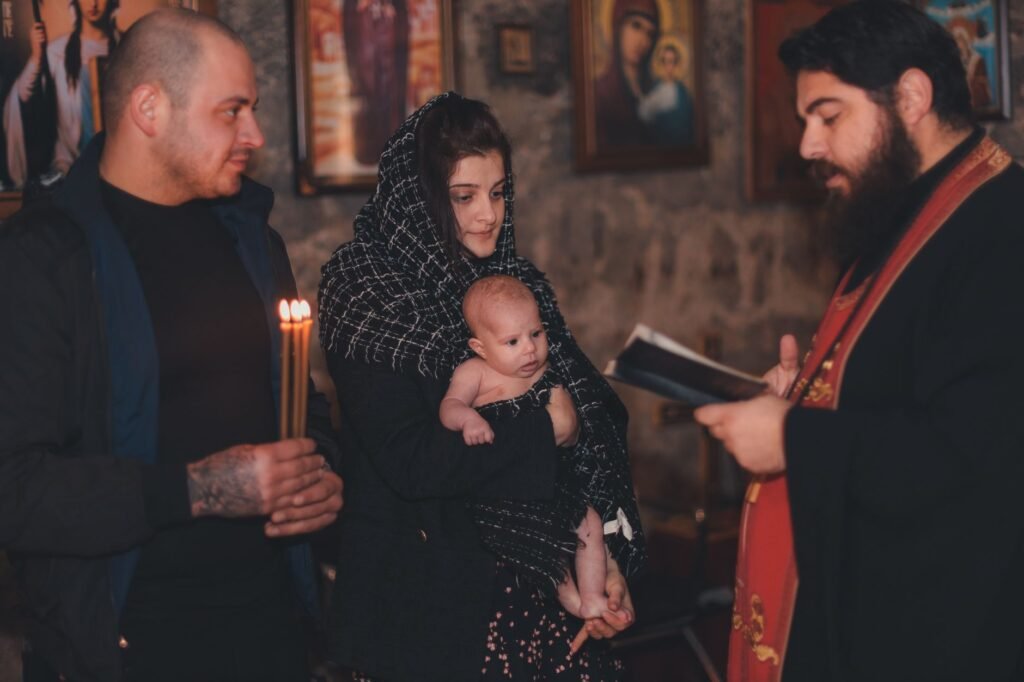 A joyful family gathered together in prayer, exemplifying their identity in Christ