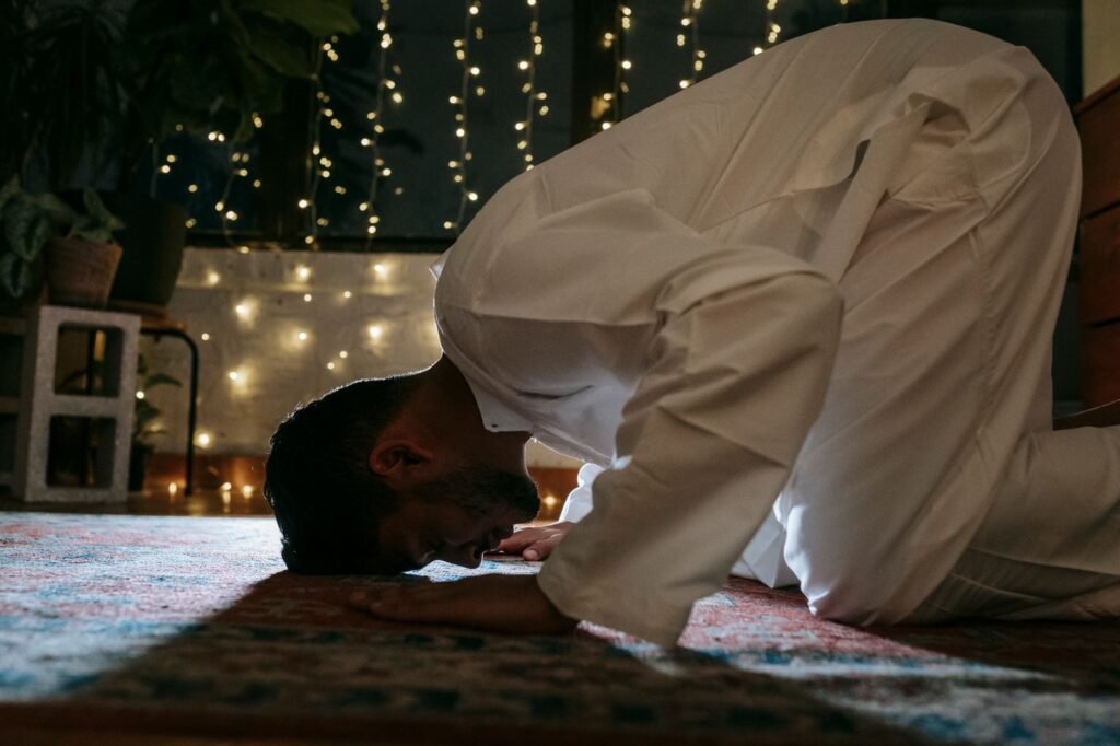 A serene moment of prayer, seeking guidance through faith during tough times